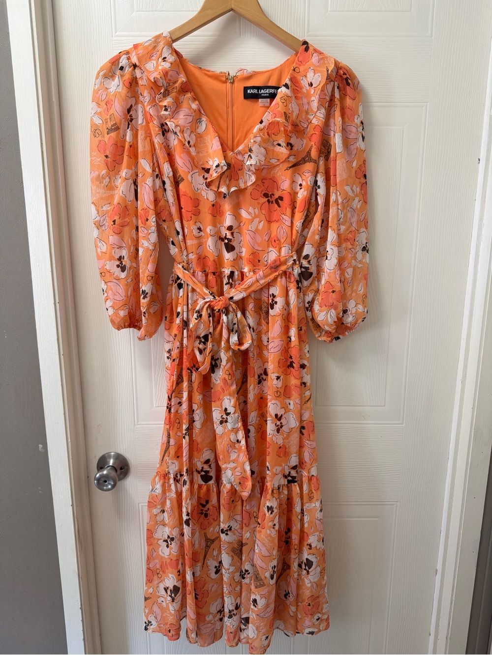 Karl Lagerfeld Orange Floral Midi Maxi Dress with Puff Sleeves - Picture 2 of 8